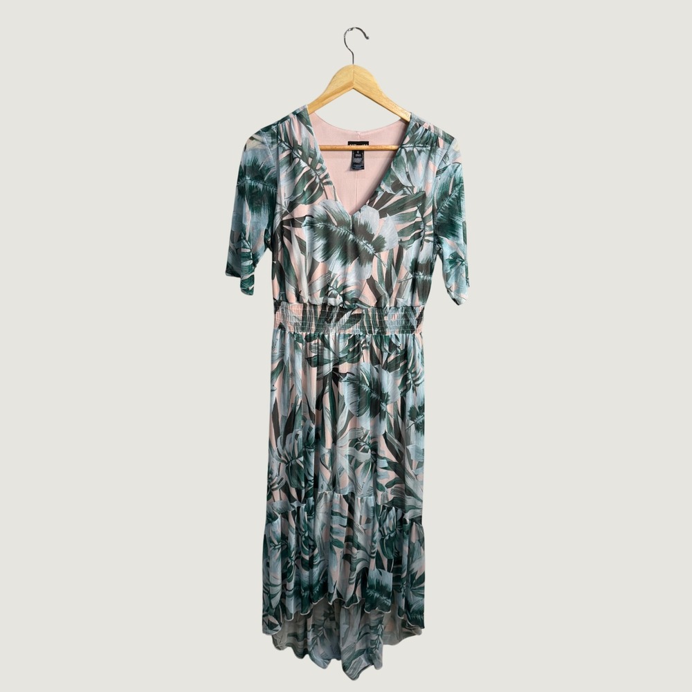 Kate and Lily Tropical Palm Print High Low Maxi Dress Green Pink Resort Ready 12